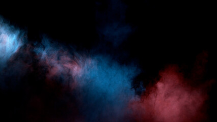 Scene glowing blue, red, pink smoke. Atmospheric smoke, abstract color background, close-up. High-quality stock of Vibrant colors spectrum. Blue, red, pink mist or smog moves on black background