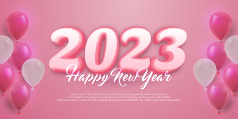 Fototapeta na wymiar Editable text 2023 happy new year with balloons on pink theme