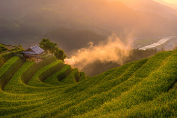 Aerial view of golden rice terraces at Mu cang chai town near Sapa city, north of Vietnam....