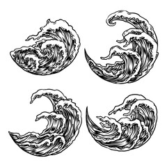 Set of Sea waves, hand drawing line style vector illustration