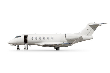 Modern white business jet with an opened gangway door isolated on transparent background