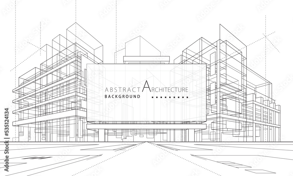 Poster 3d illustration abstract modern urban building out-line black and white drawing of imagination archi