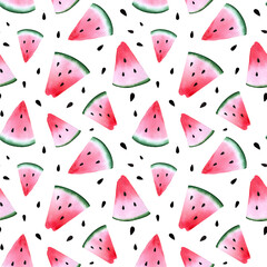 Watercolor seamless pattern with juicy watermelon slices and seeds.