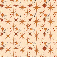 Seamless space pattern with stars, hand drawn in watercolor. Starry sky, golden stars decorative ornament of the universe on a light background.