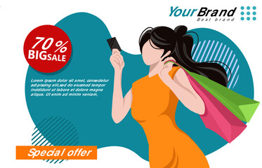 shopping woman template  with promotion banner vector
