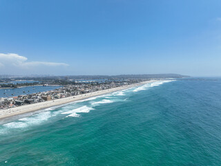 Aerial view of Mission Bay and beach in San Diego, California. USA. Famous tourist destination