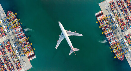 Aerial top view of Container ship loading and unloading, Cargo container in deep seaport for the...
