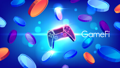 GameFi tokens crypto currency with game controller on blue background.