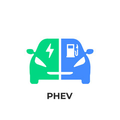 Plug-in hybrid electric vehicles (PHEV) icon, Half section part of Electric energy and fuel engine symbol. vector - obrazy, fototapety, plakaty