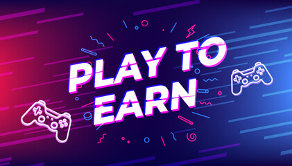 P2E, Play to earn text with game controller.