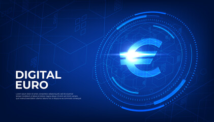 Digital currency Euro sign, Currency EUR (European Euro) futuristic digital money on blue abstract technology background, vector.