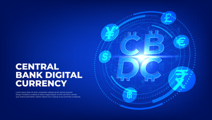 CBDC futuristic digital money on blue background. Central Bank Digital Currency banner vector.