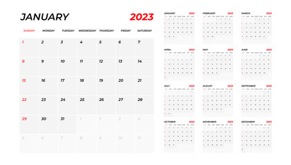 2023 Calendar. The week starts on Sunday. Annual calendar 2023 template. Calendar design in black and white colors, Sunday in red colors. Calendar planning week. vector