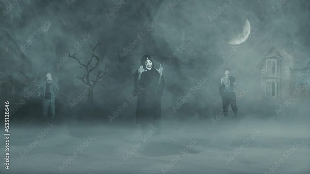 Wall mural zombie silhouettes walking in the fog 4k features three zombies walking toward the viewer out of the