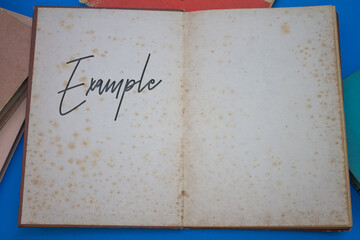 Example word in opened book with vintage, natural patterns old antique paper design.