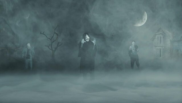 Zombie Silhouettes Walking in the Fog 4K features three zombies walking toward the viewer out of the fog.