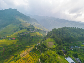 Obraz premium Aerial view of golden rice terraces at Mu cang chai town near Sapa city, north of Vietnam. Beautiful terraced rice field in harvest season in Yen Bai, Vietnam