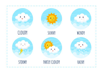 Types of Weather Conditions with Sunny, Cloudy, Windy, Rainy, Snow and Stormy in Template Hand Drawn Cartoon Flat Illustration