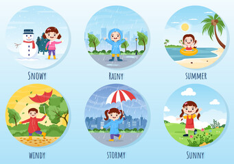 Fototapeta premium Types of Weather Conditions with Sunny, Cloudy, Windy, Rainy, Snow and Stormy in Template Hand Drawn Cartoon Flat Illustration