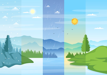 Types of Weather Conditions with Sunny, Cloudy, Windy, Rainy, Snow and Stormy in Template Hand Drawn Cartoon Flat Illustration