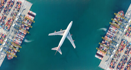 Aerial top view of Container ship loading and unloading, Cargo container in deep seaport for the international order. Transportation and travel concept. - obrazy, fototapety, plakaty