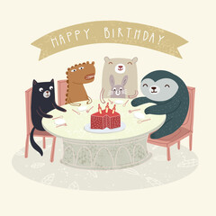 Cute animal celebrate happy birthday illustration