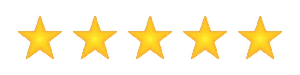 Five-star rating icon for product review, mobile application, website, yellow stars on a white background