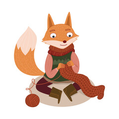 Cute fox knits a scarf illustration