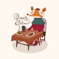 Cute fox dinner alone illustration