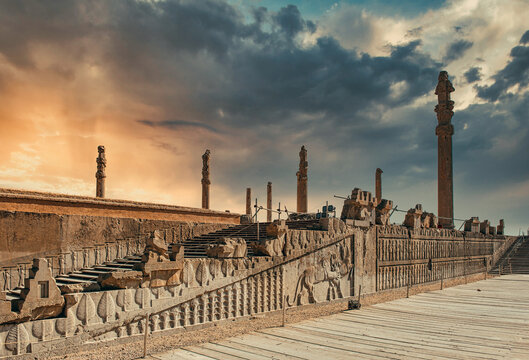 Beautiful sunset light at the stone remnants of Ancient Persepolis