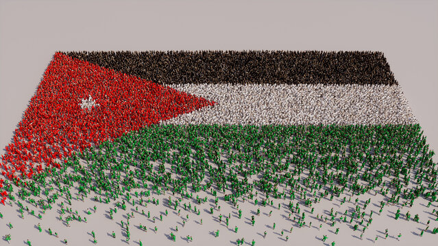Jordanian Flag formed from a Crowd of People. Banner of Jordan on White.