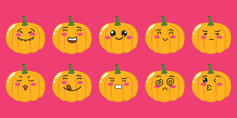 Set of pumpkin sticker emoji cartoon illustration