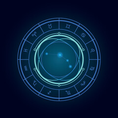 Magic wheel with aries star sign and twelve signs of the zodiac in a dark background, astrology, esotericism. Astrology zodiac star signs magic circle