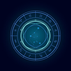 Magic wheel with aquarius star sign and twelve signs of the zodiac in a dark background, astrology, esotericism. Astrology zodiac star signs magic circle