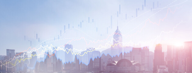 Smart city and stats concept with growing digital graphs and diagram on city background