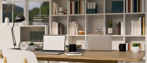 Modern office co-working space or library co-working room interior design with laptop mockup © bongkarn