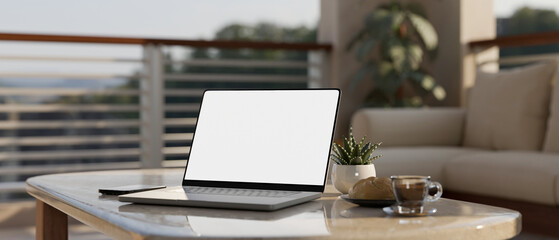 Close-up, Notebook laptop mockup and decor on modern coffee table in modern living room.