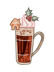 Cocktail, cocoa or coffee with gingerbread house. Vector illustration.