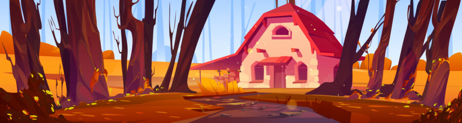 Cottage in autumn forest, stone house with wooden roof on bright orange colored field among trees with dirt road going to porch. Cozy fairy home or witch hut, game background, Vector illustration