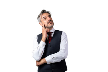 Portrait of senior Businessman standing in a suit without jacket, in waistcoat suit holding hand on...