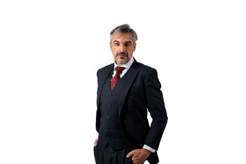 Portrait of senior Businessman standing in elegant blue suit posing with hands in pockets. isolated on white background.