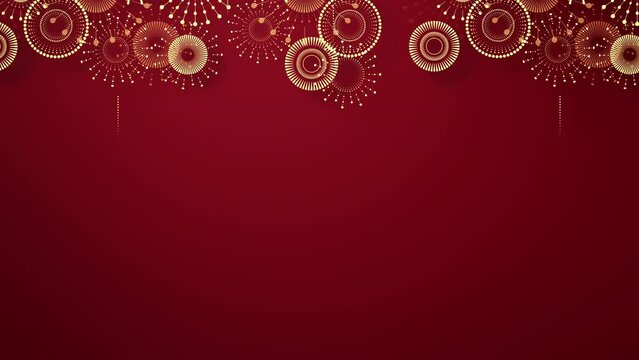 Chinese New Year background with golden fireworks on red background. Flat style design. Concept for holiday banner, Chinese New Year Celebration loop background decoration. Seamless Loop. 4K.