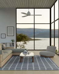 Scandinavian contemporary living room with couch, ceiling fan, and window with lake view.