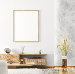 Interior of living room with sideboard over white wall with mock up poster frame. Home background design. 3d rendering