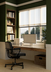 Comfortable home workspace with pc desktop mockup on table against the window