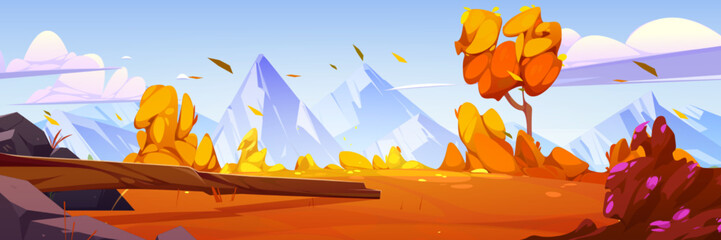 Mountain valley cartoon autumn landscape, nature background with orange rocky surface under blue sky with clouds, snowy peaks and falling leaves, beautiful scenery fall view, Vector illustration