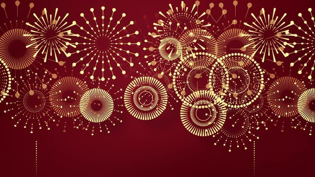 Chinese New Year background with golden fireworks on red background. Flat style design. Concept for holiday banner, Chinese New Year Celebration loop background decoration. Seamless Loop. 4K.