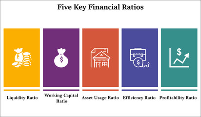 Five key financial ratios with icons in an infographic template