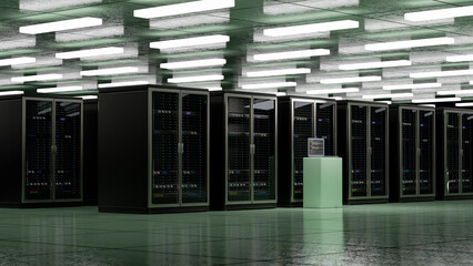 Server room. Server data center. Backup, mining, hosting, mainframe, farm and computer rack with storage information. 3d rendering