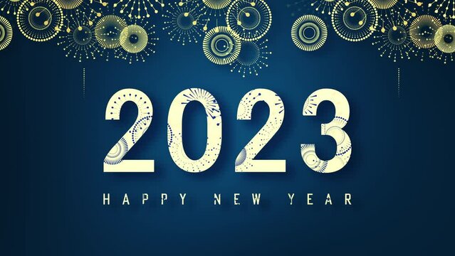 Happy New Year Abstract background with Golden fireworks. Bright on dark blue background, text 2023 Happy New Year. Flat style abstract, geometric design. Concept for holiday decor.